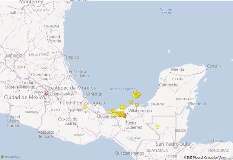 Medium and large gas flaring plumes identified by the World Bank’s Global Gas Flaring Tracker. Oil giant Pemex emissions threaten Mexico's net zero goal